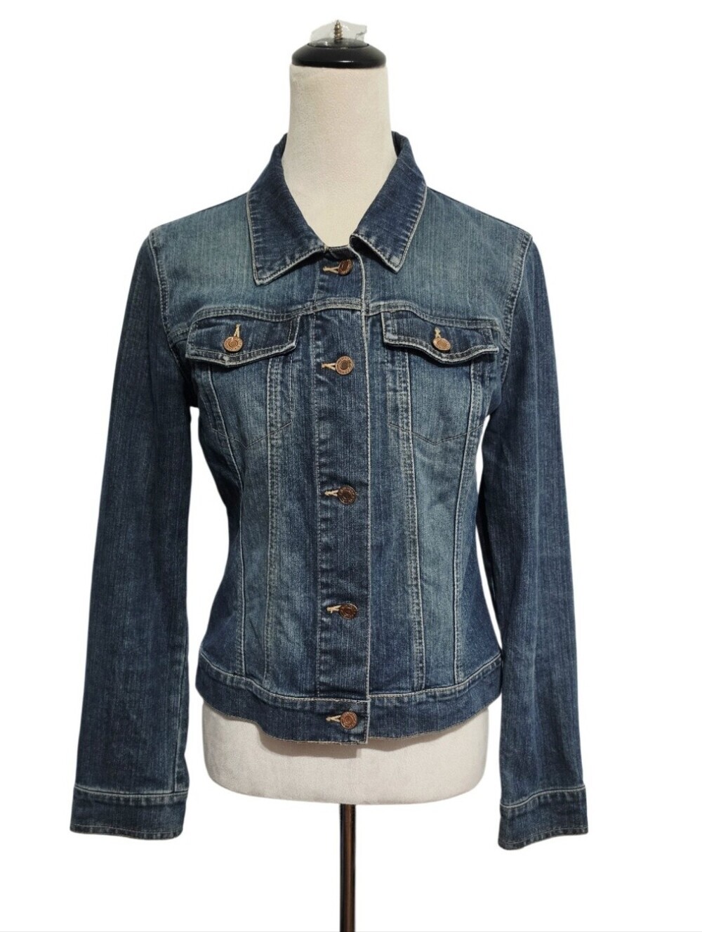 New York & Company Denim Jean Jacket Womens Size 4 Blue Fitted Stretch Trucker - Picture 3 of 12